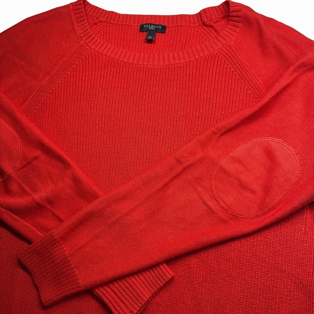 Talbots Womens Sweater Large Orange Long Sleeve Knit Cotton Blend Elbow Patches